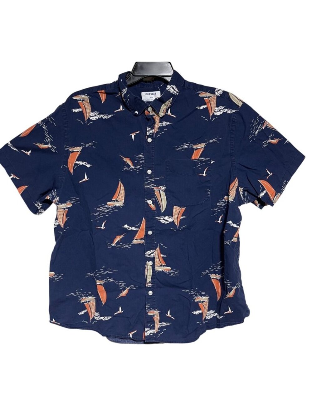 Old Navy Mens XXL Blue Short-Sleeve Button Up Shirt With Orange Sailboat Print